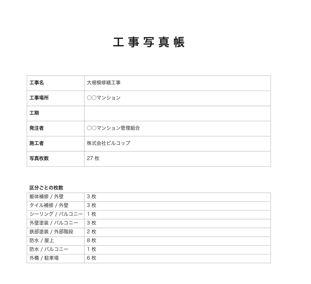 出力した工事写真帳の表紙。工事名・発注者・施工者と、区分ごとの枚数